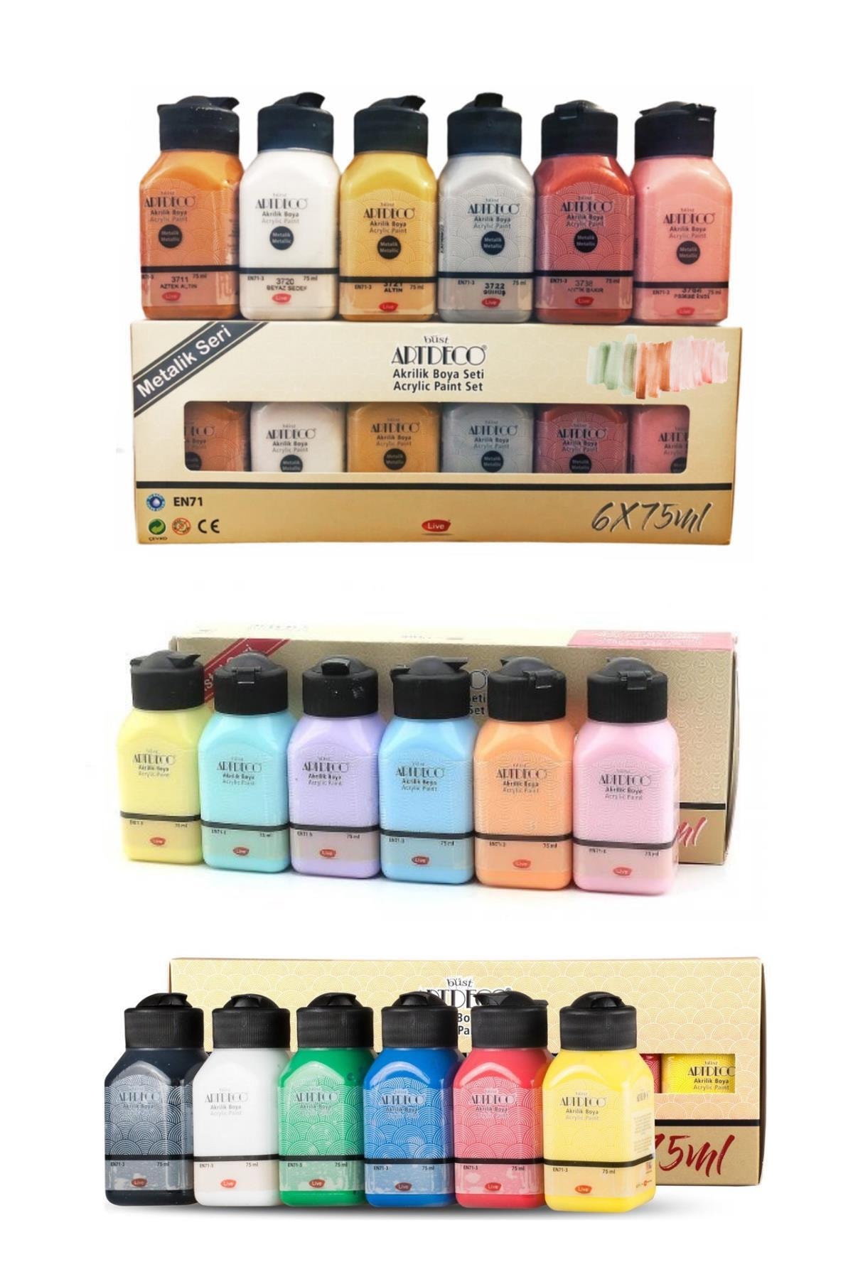 Artdeco Akrilik Boya 6x75 ml Metalik Renkler + 6x75ml Pastel Renkler + 6x75ml Canlı Renkler Artdeco Akrilik Boya 6x75 ml Metalik Renkler + 6x75ml Pastel Renkler + 6x75ml Canlı Renkler
