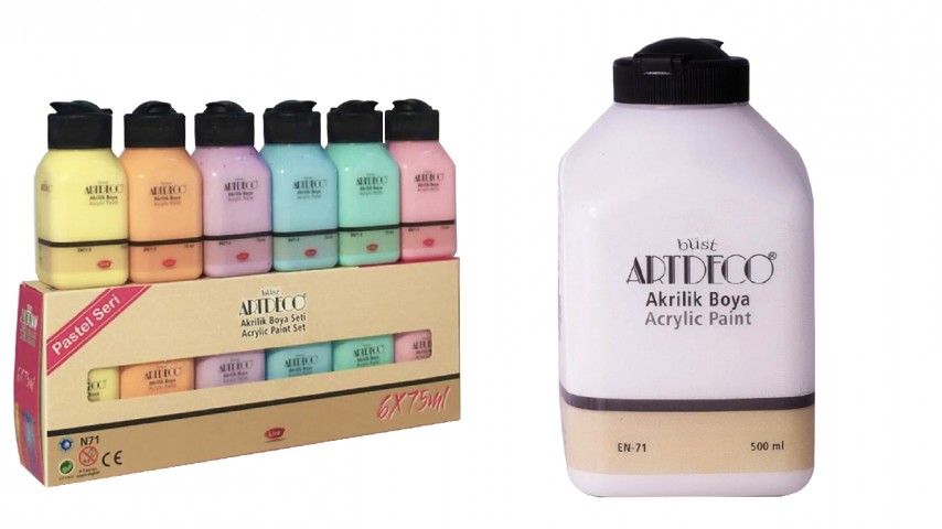 Artdeco Akrilik Boya 6x75ml Pastel Renkler + 500ml Beyaz Artdeco Akrilik Boya 6x75ml Pastel Renkler + 500ml Beyaz