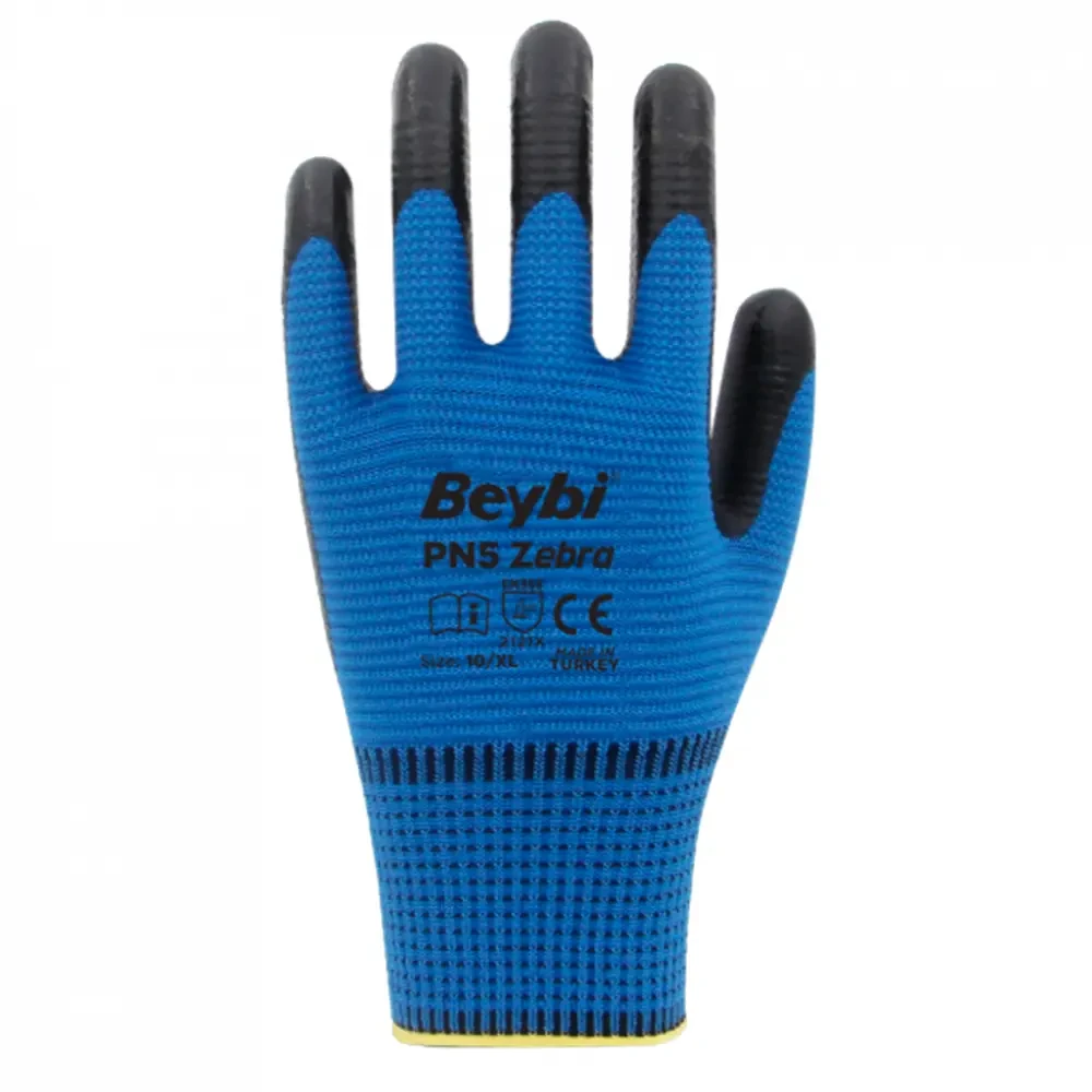 Beybi PN5 Zebra Polyester Örme Nitril Eldiven Mavi - 5 Çift