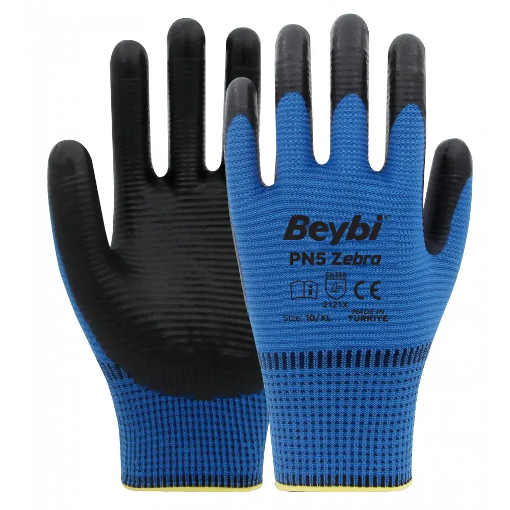 Beybi PN5 Zebra Polyester Örme Nitril Eldiven Mavi Beybi PN5 Zebra Polyester Örme Nitril Eldiven Mavi