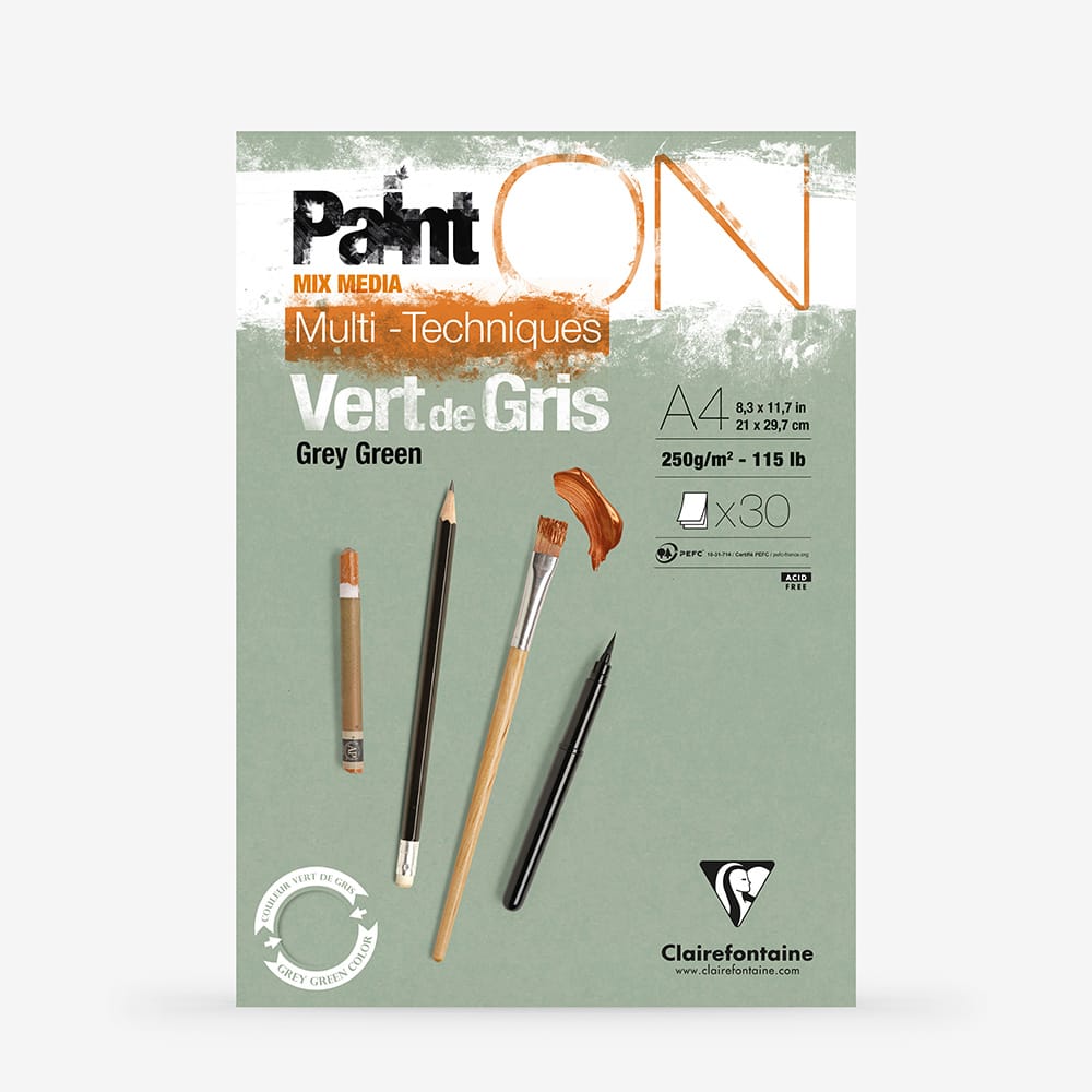 Clairefontaine Paint On Mix Media Dikişli A4 250gr 30yp Karışık Teknik Çizim Blok - Grey Green
