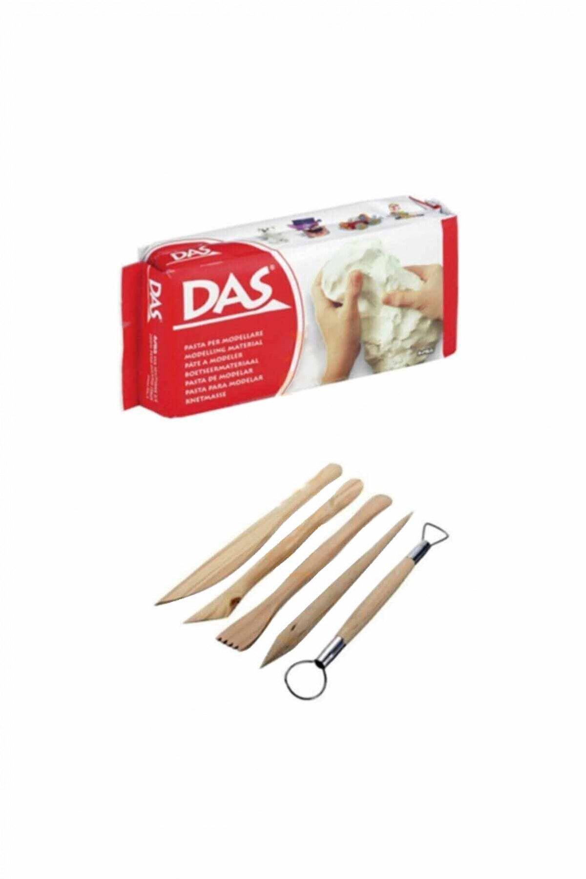 Das Beyaz Seramik Kili 500 Gr+ Modelaj Kalemi Ebeşuar 5 Li Ahşap Set