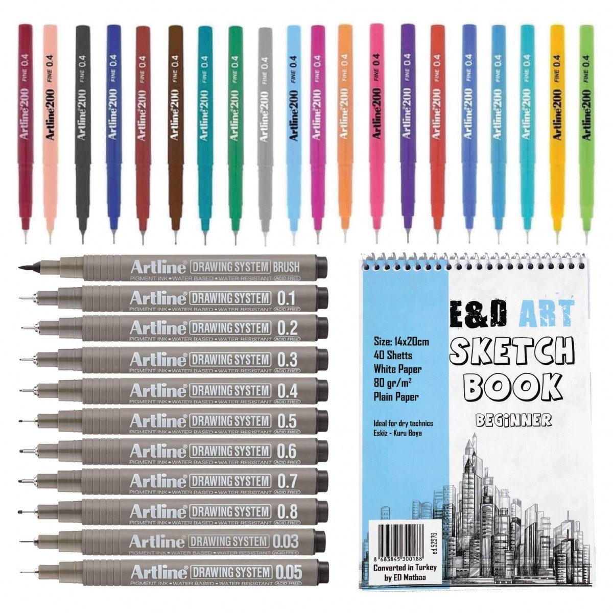 E&D ART ** Beginner Sketch Book A5 + Artline 200 20'li + Drawing 11'li Set ** E&D ART ** Beginner Sketch Book A5 + Artline 200 20'li + Drawing 11'li Set **