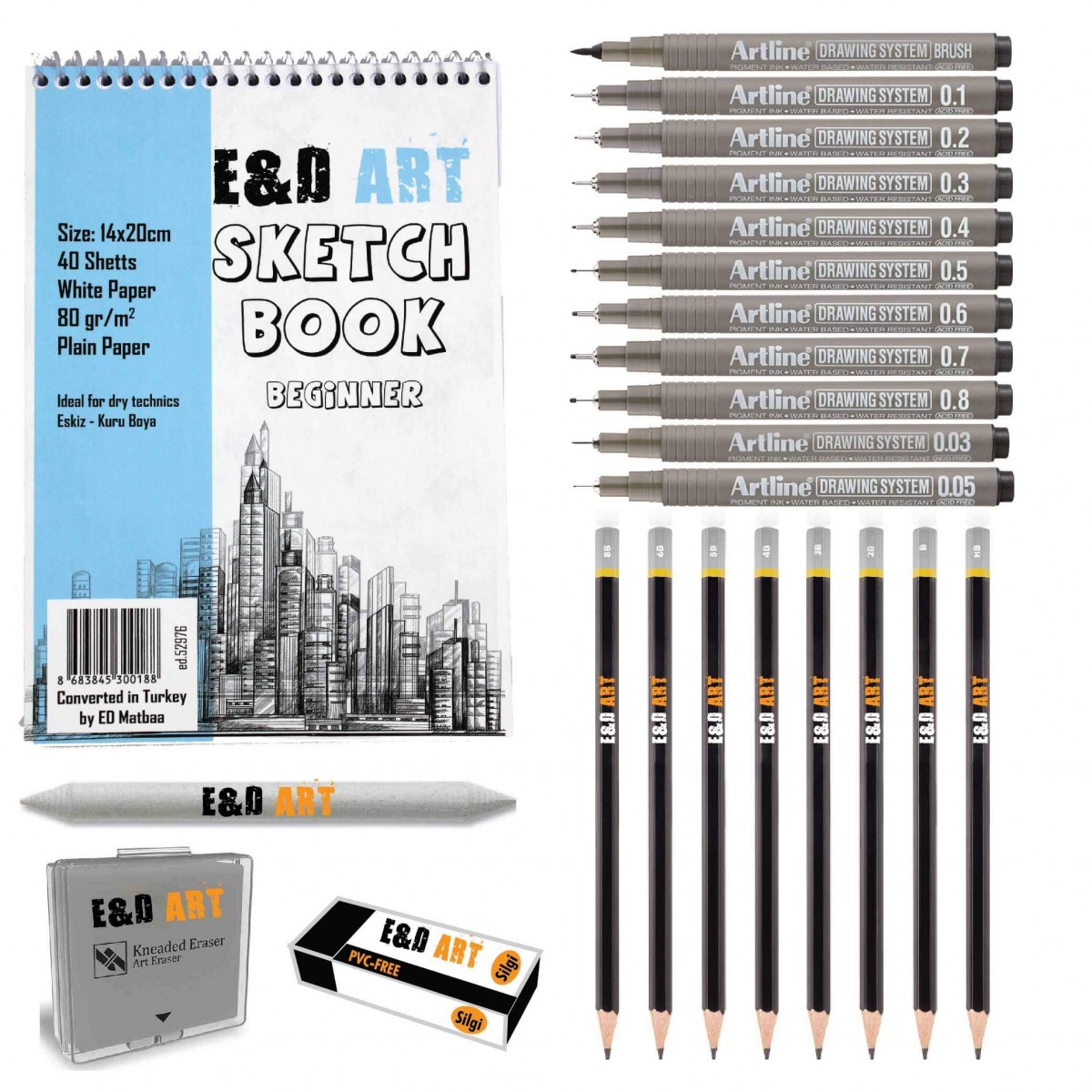 E&D Art Sanatsal Eskiz ÇİZİM SETİ (e&d art beginner + 8 dereceli kalem + drawing 11'li + hamur silgi+ 1 adet pastel dağıtıcı + silgi) E&D Art Sanatsal Eskiz ÇİZİM SETİ (e&d art beginner + 8 dereceli kalem + drawing 11'li + hamur silgi+ 1 adet pastel dağıtıcı + silgi)