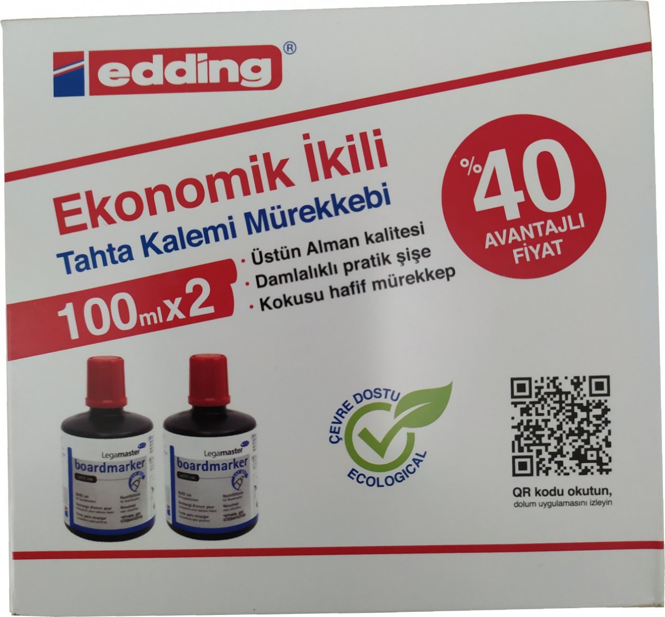 Edding 100 Ml 2'li Kutu Kırmızı Tahta Kalemi Mürekkebi