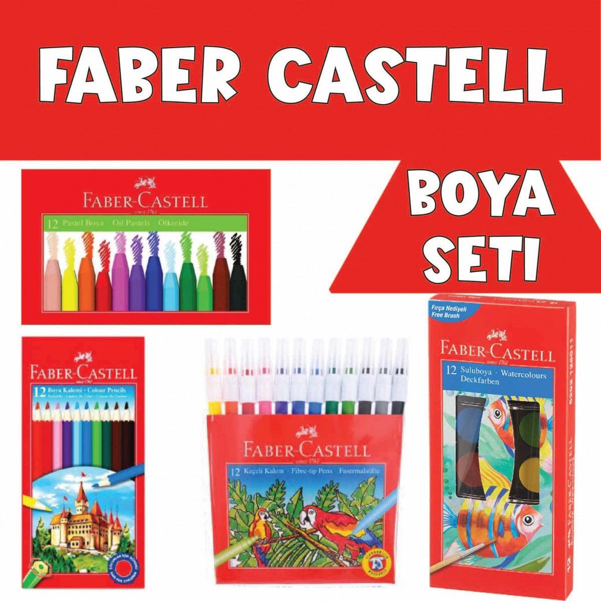 Faber Castell Boya Seti (12'li Kuru Boya + 12'li Keçeli Kalem + 12'li Pastel Boya + 12'li Sulu Boya) Faber Castell Boya Seti (12'li Kuru Boya + 12'li Keçeli Kalem + 12'li Pastel Boya + 12'li Sulu Boya)
