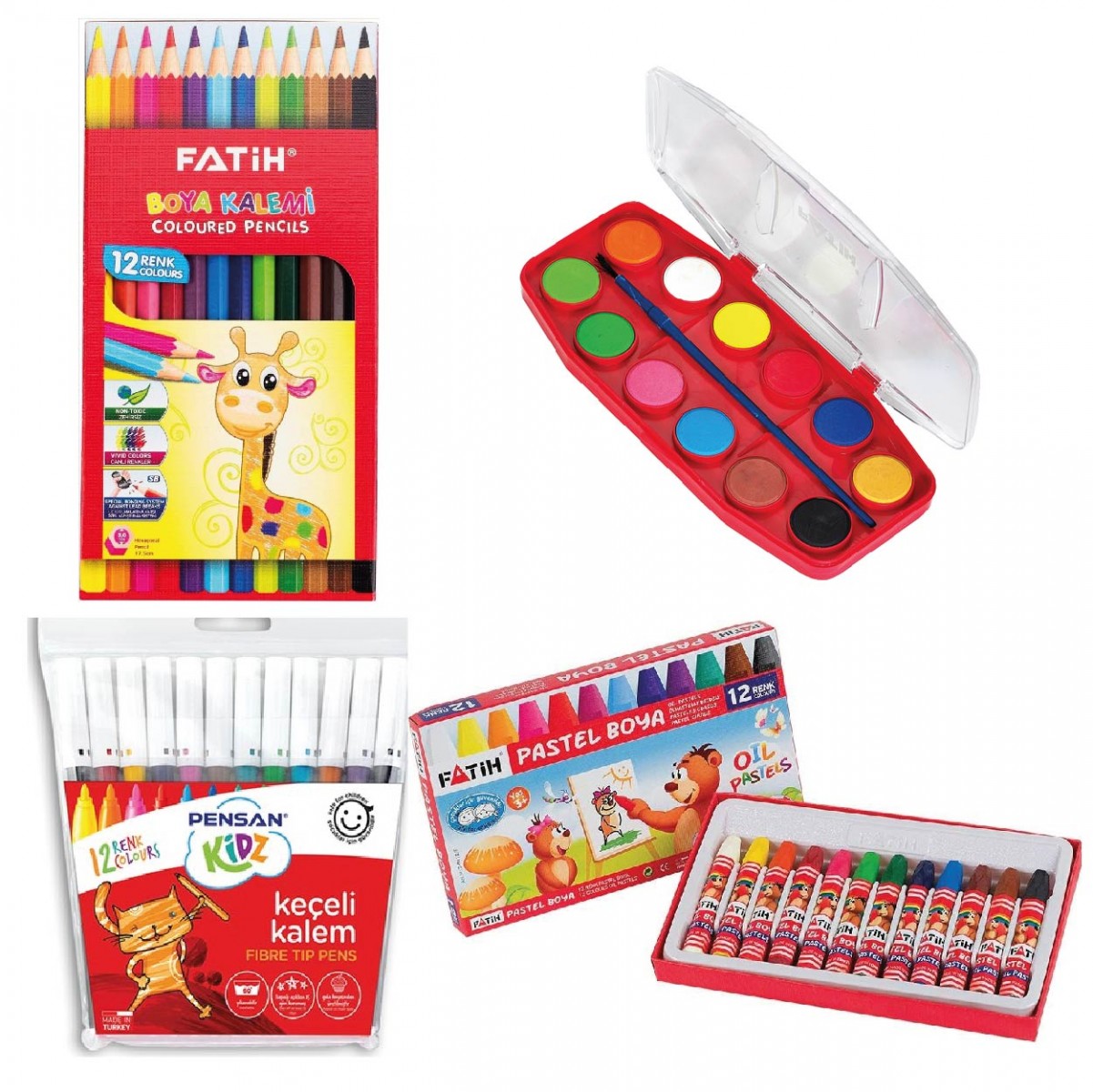 Fatih 4'lü Okul Boya Seti - 12'li Keçeli Boya Kalemi + 12'li Kuru Boya + 12'li Pastel Boya + 12'li Sulu Boya