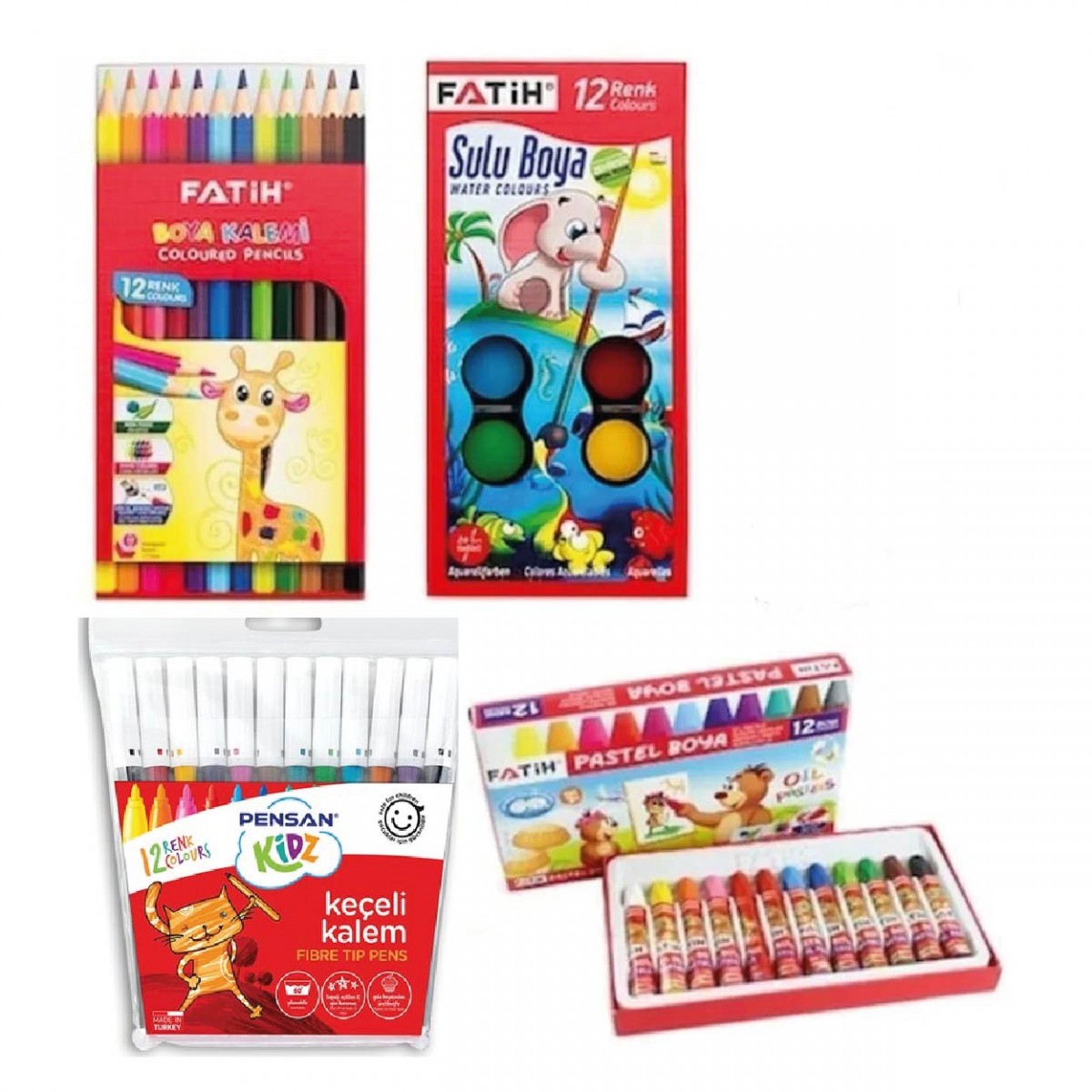 Fatih 4'lü Okul Boya Seti - 12'li Keçeli Boya Kalemi + 12'li Kuru Boya + 12'li Pastel Boya + 12'li Sulu Boya