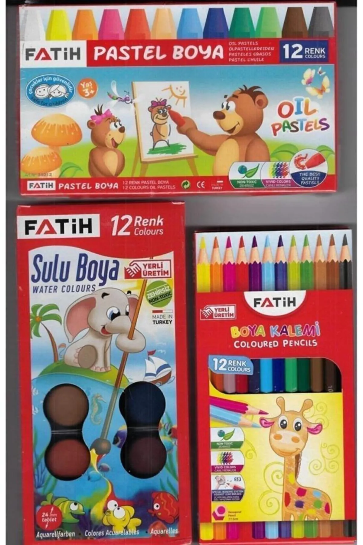 Fatih Okul 3 'lü Boya Seti -12'li Kuru Boya + 12'li Pastel Boya + 12'li Sulu Boya
