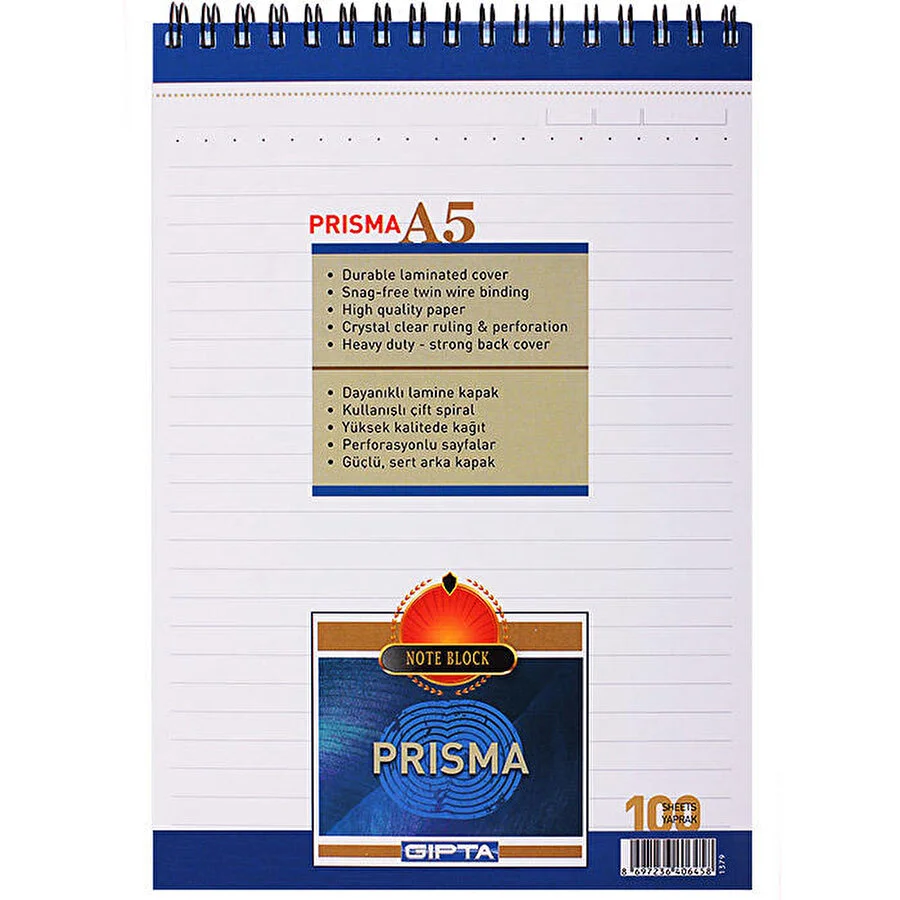 Gıpta Prisma A5 100yp Üstten Spiralli Bloknot Not Defteri Çizgili / B32 Gıpta Prisma A5 100yp Üstten Spiralli Bloknot Not Defteri Çizgili / B32