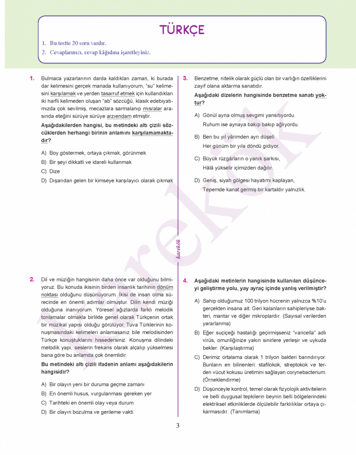 Karekök Yayınları 8. Sınıf  LGS 1. Dönem Denemeleri