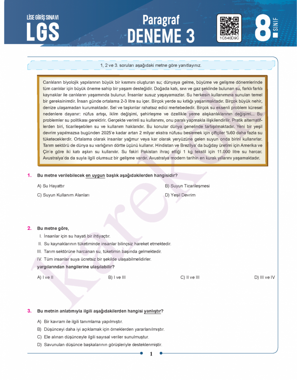 Karekök Yayınları 8. Sınıf  Paragraf Denemeleri