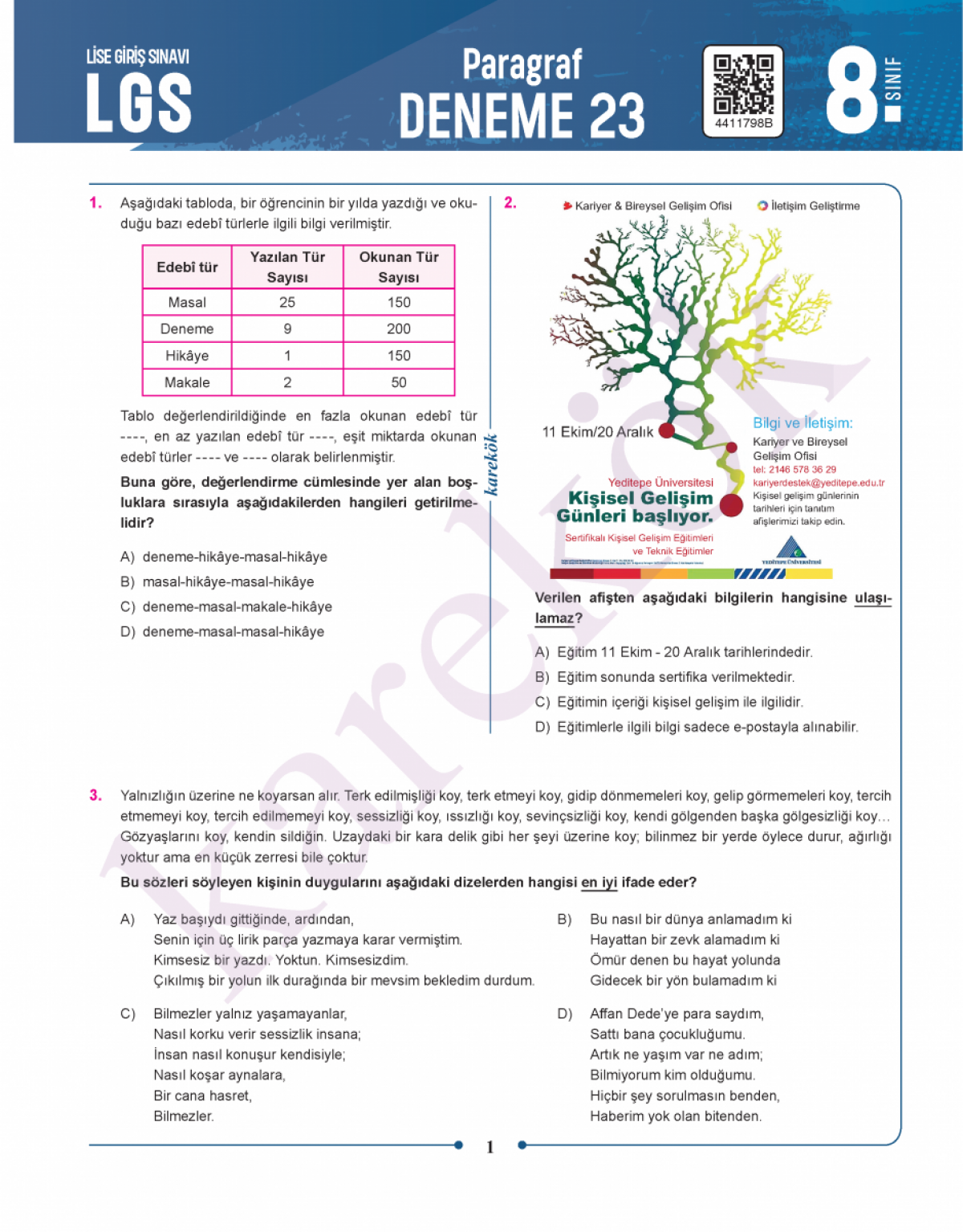 Karekök Yayınları 8. Sınıf  Paragraf Denemeleri