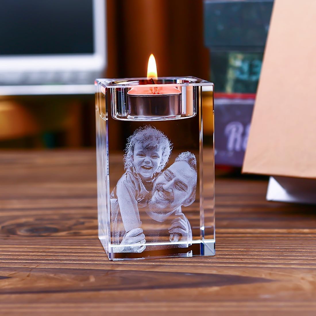 Kişiye Özel Tasarımlı 3D Fotoğraflı Kristal Mumluk Hediyelik Anı / 1850