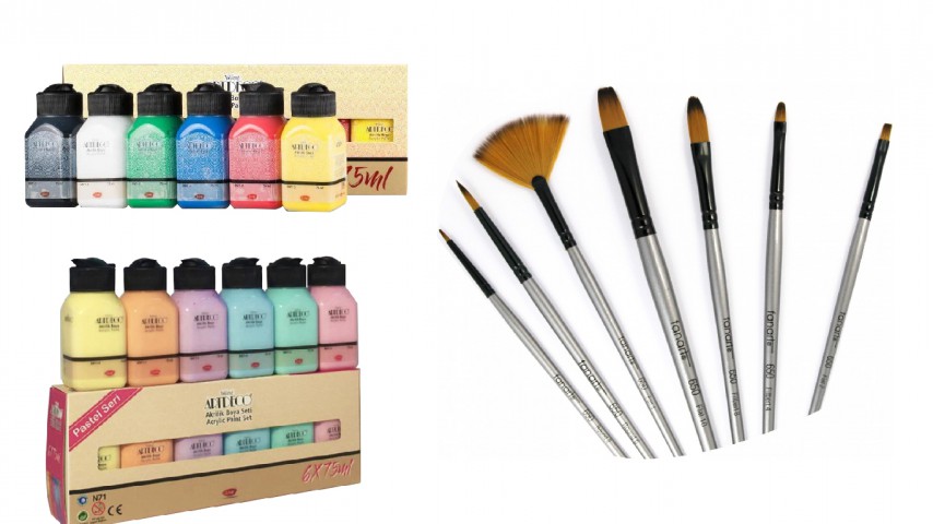 Artdeco Akrilik Boya 6x75ml Pastel Renkler + Canlı Renkler + Fanart 650 7'li Fırça Seti