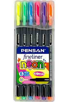 Pensan 6300 Fineliner 0.4 mm Keçe Uçlu Kalem 6 Neon Renk Set