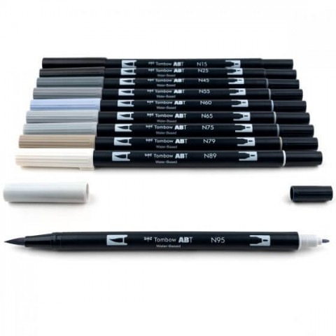 Tombow ABT Dual Brush Pen Grafik Kalemi 10'lu Set - Grayscale