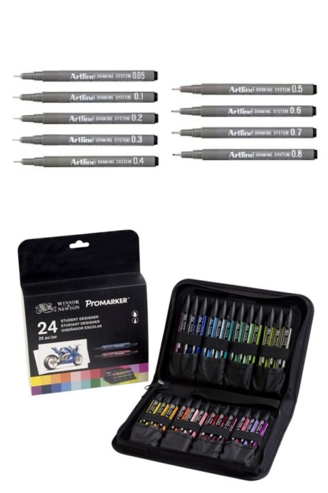Winsor Newton 24'lü Promarker Student Designer + Artline Drawing System Teknik Çizim Kalemi 9'lu Set