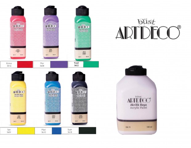 Artdeco Akrilik Boya 6 Canlı Renk 140ml + Beyaz 500 ml (140 Kırmızı+ 140 Mor+ 140 Sarı+140 Yeşil+140 Mavi+140 siyah+500 Beyaz)