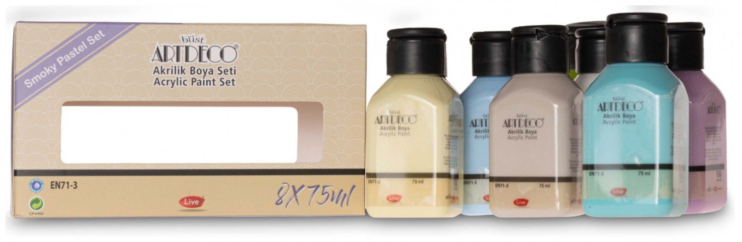 Artdeco Akrilik Boya 8x75ml Pastel Smoky + SİYAH 500ml + BEYAZ 500ml(2 Adet) - Set-