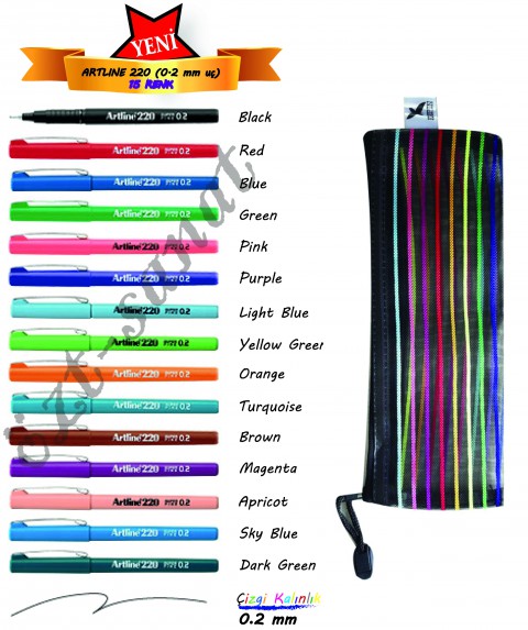 Artline 220 Super Fine 0.2mm Keçe Uçlu Kalem 15 Renk Set + File Dosya Kalem Kutu