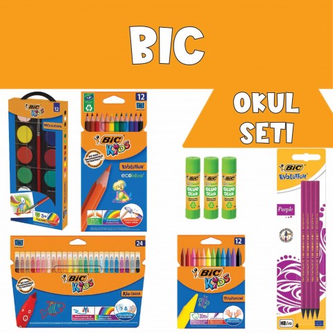 Bic Okul Seti (12'li Kuru Boya + 24'lü Keçeli Kalem + 12'li Pastel Boya + 12'li Sulu Boya + 4'li Kurşun Kalem + 3 Adet Küçük Boy Stick Yapıştırıcı)