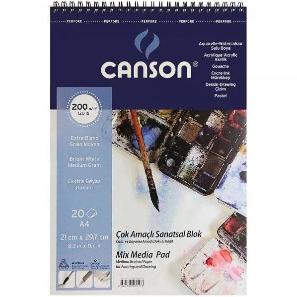 Canson 1557 Mix Media A4 20yp 200gr Spiralli Çok Amaçlı Çizim Resim Defteri / FCNS20020A4US