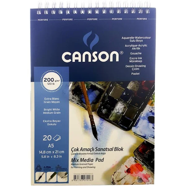Canson 1557 Mix Media A5 20yp 200gr Spiralli Çok Amaçlı Çizim Resim Defteri / FCNS20020A5US