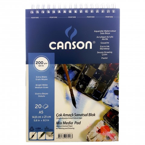 Canson 1557 Mix Media A5 20yp 200gr Spiralli Çok Amaçlı Çizim Resim Defteri / FCNS20020A5US