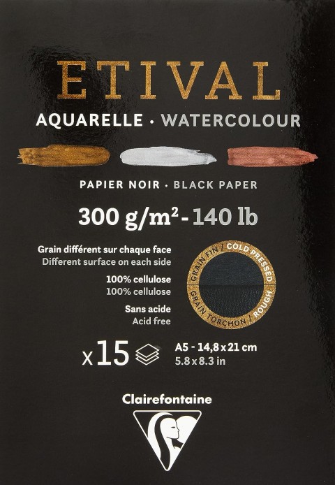 Clairefontaine Etival A5 300gr 15yp Dokulu Cold Press Üstten Yapışkanlı Sulu Boya Blok Siyah / EKB975317