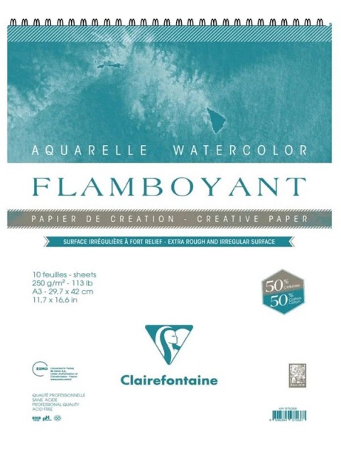 Clairefontaine Flamboyant %50 Pamuk Kalın Dokulu Spiralli Suluboya Defteri 250 gr A3 10 yp