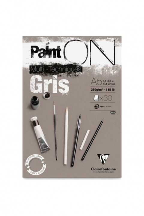 Clairefontaine Paint On Dikişli 250gr 30yp A5 Çok Amaçlı Çizim Blok - Gri Kağıt