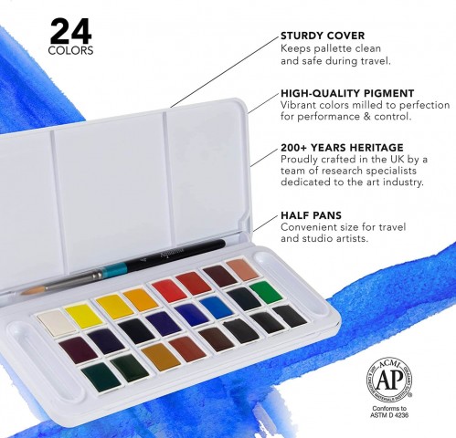 Daler Rowney Aquafine 24'lü Travel Set Plastik Kutulu Tablet Sulu Boya Seti / 0122