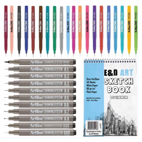 E&D ART ** Beginner Sketch Book A5 + Artline 200 20'li + Drawing 11'li Set **