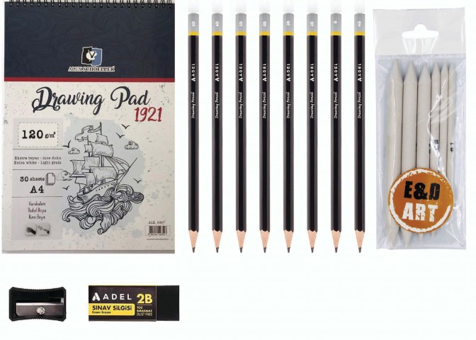 E&D Art Eskiz Başlangıç Seti / (Alex 0557 + Adel 8'li Dereceli Kalem Seti (KUTULU) + 6'lı Pastel Dağıtıcı)
