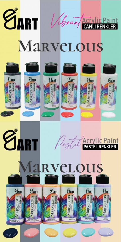 E&D Art Marvelous 12x110ml Akrilik Boya Canlı + Pastel Renkler (BÜYÜK BOY)