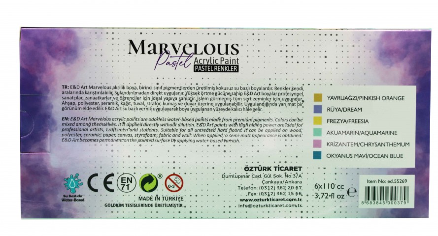 E&D Art Marvelous 12x110ml Akrilik Boya Canlı + Pastel Renkler (BÜYÜK BOY)