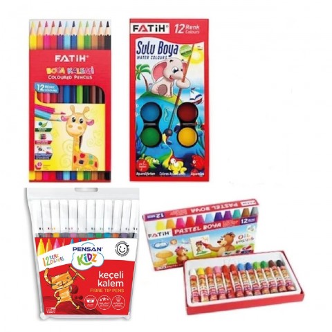 Fatih 4'lü Okul Boya Seti - 12'li Keçeli Boya Kalemi + 12'li Kuru Boya + 12'li Pastel Boya + 12'li Sulu Boya