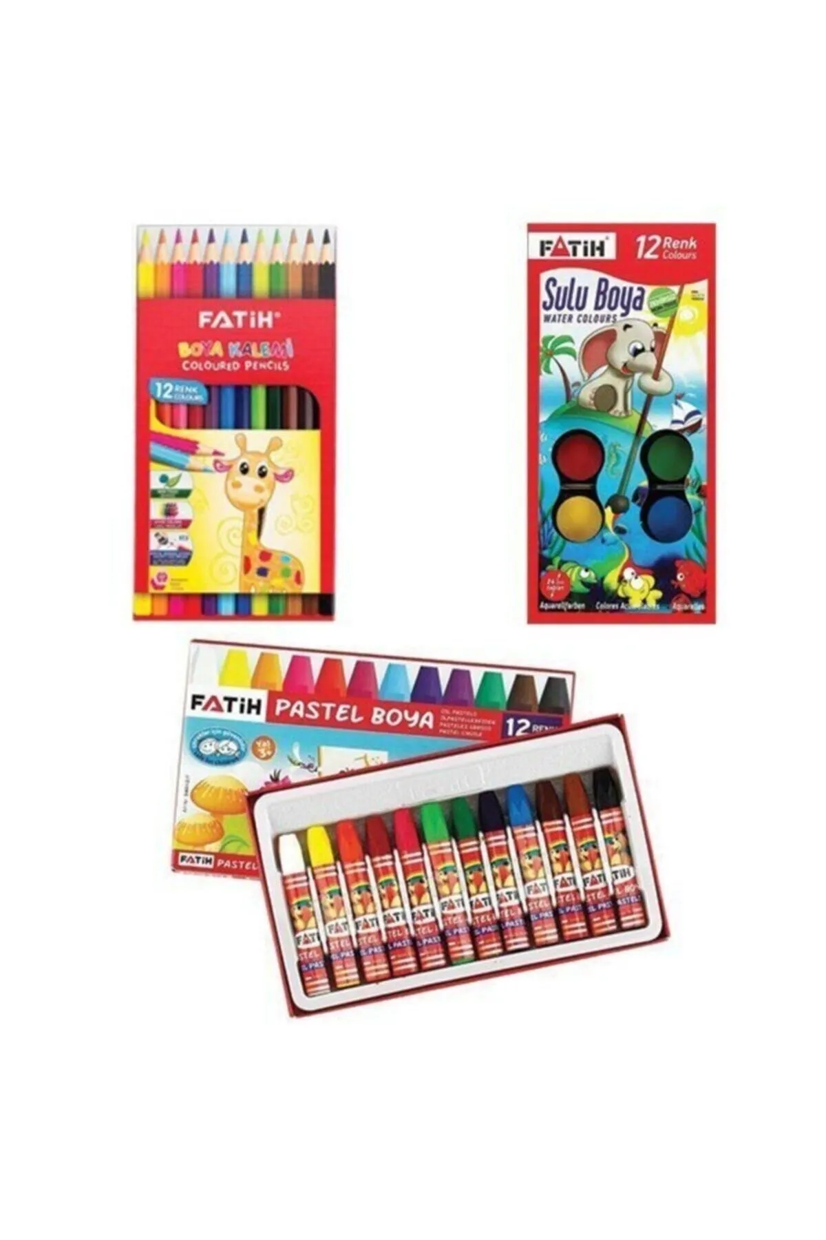 Fatih Okul 3 'lü Boya Seti -12'li Kuru Boya + 12'li Pastel Boya + 12'li Sulu Boya