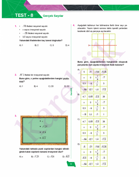 Karekök Yayınları 8. Sınıf  Matematik Soru Bankası