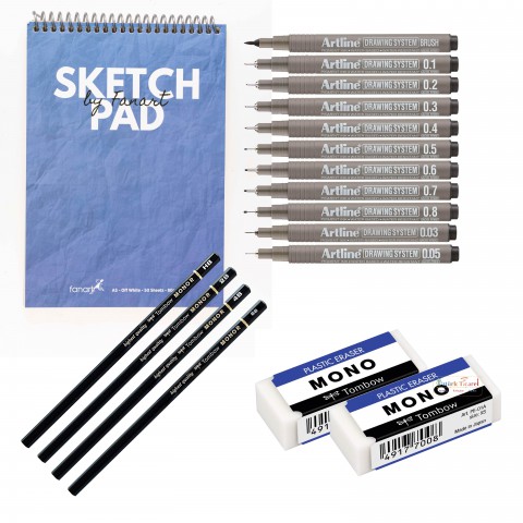 Lüks A4 Eskiz Başlangıç Seti - Akdeniz Mavisi (Tombow Mono Rs 4'lü + Mono Silgi 2'li + Fanart Sketch Pad A4 Akdeniz Mavisi + Artline Drawing 11'li)