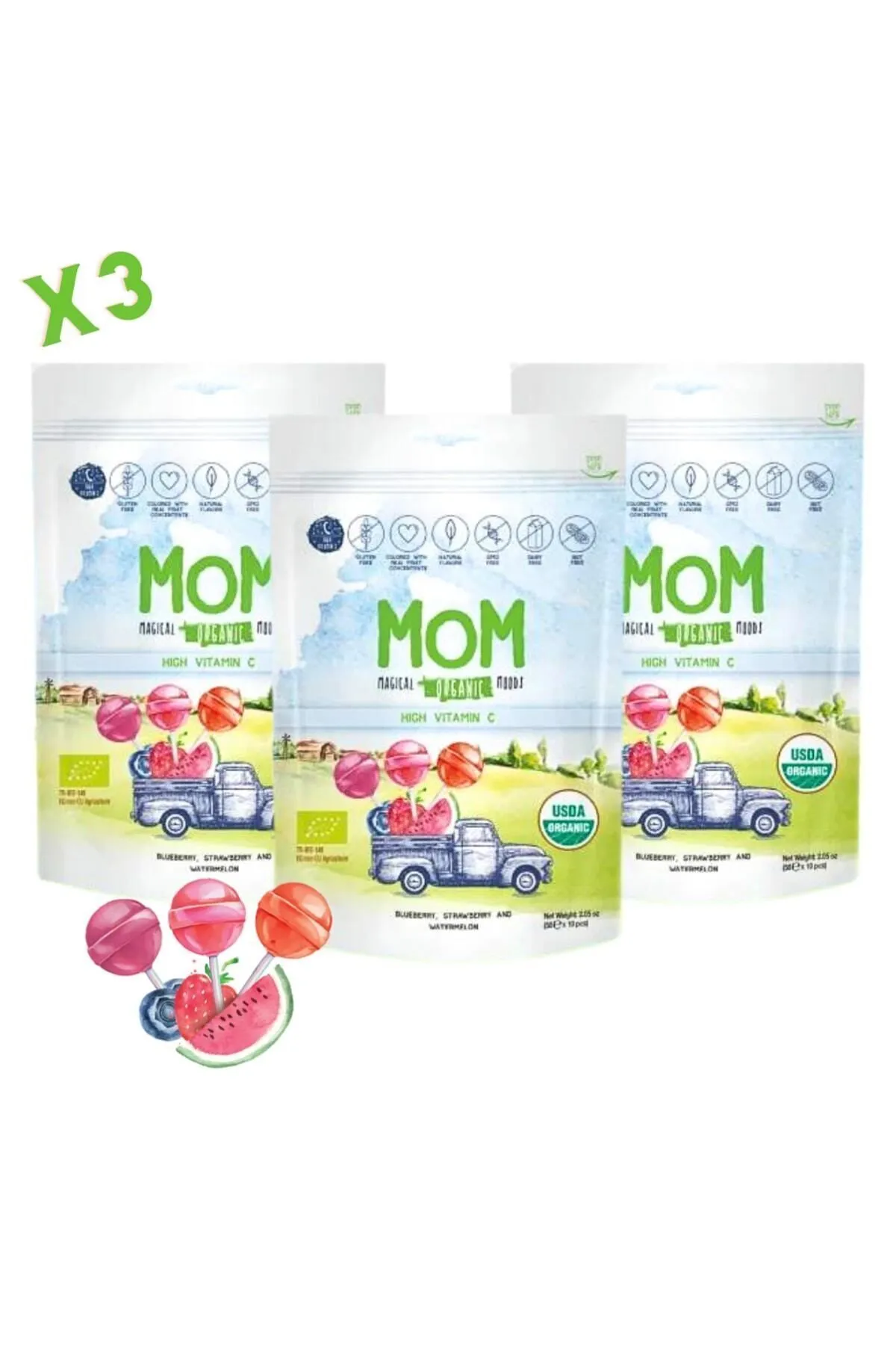Mom Organik Lolipop (çilek, Karpuz, Yaban Mersini Ve C Vitamini) - 3 PAKET