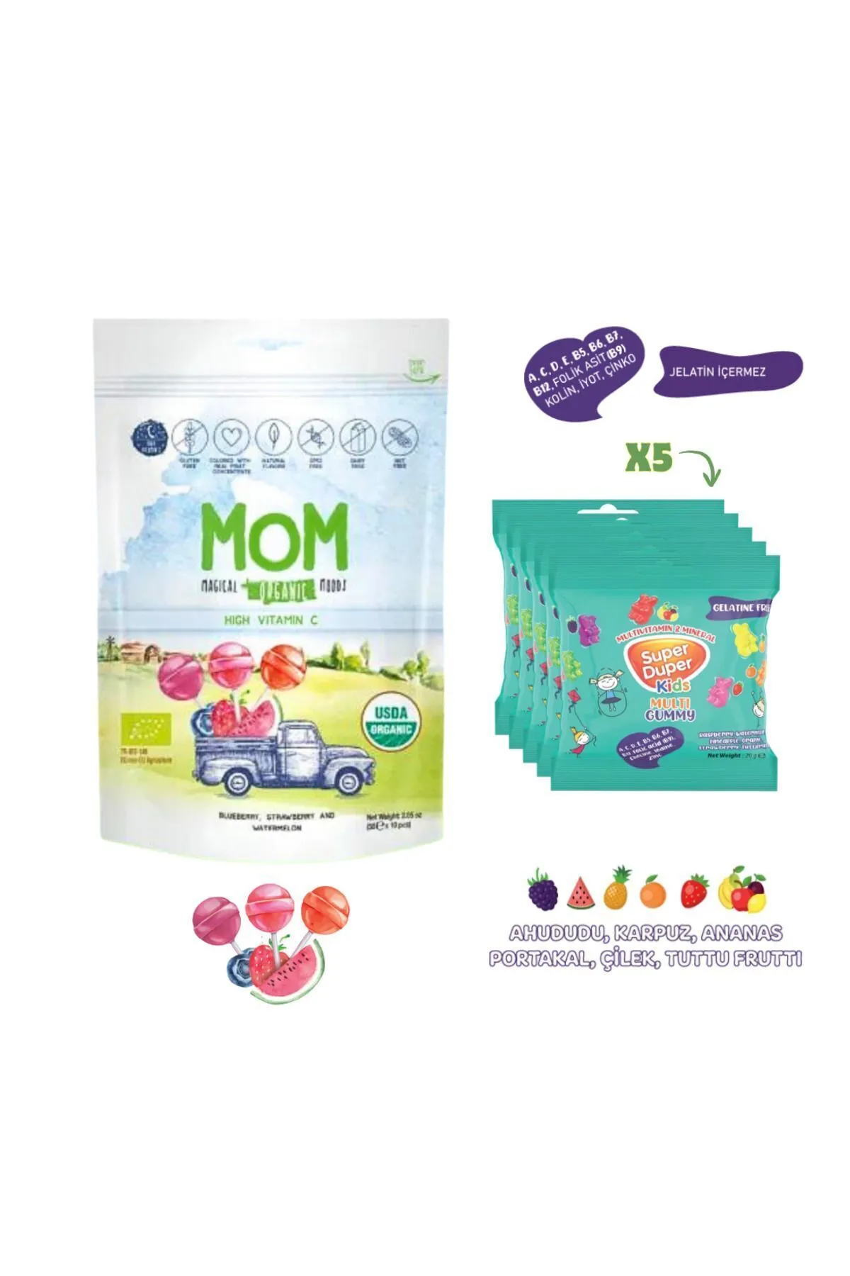 Mom Organik Lolipop Meyveli C Vitaminli 1 Paket + Multivitamin Jelibon 20gr - 5 Paket (MOM Lolipop 1 adet + Jelibon 5 paket)
