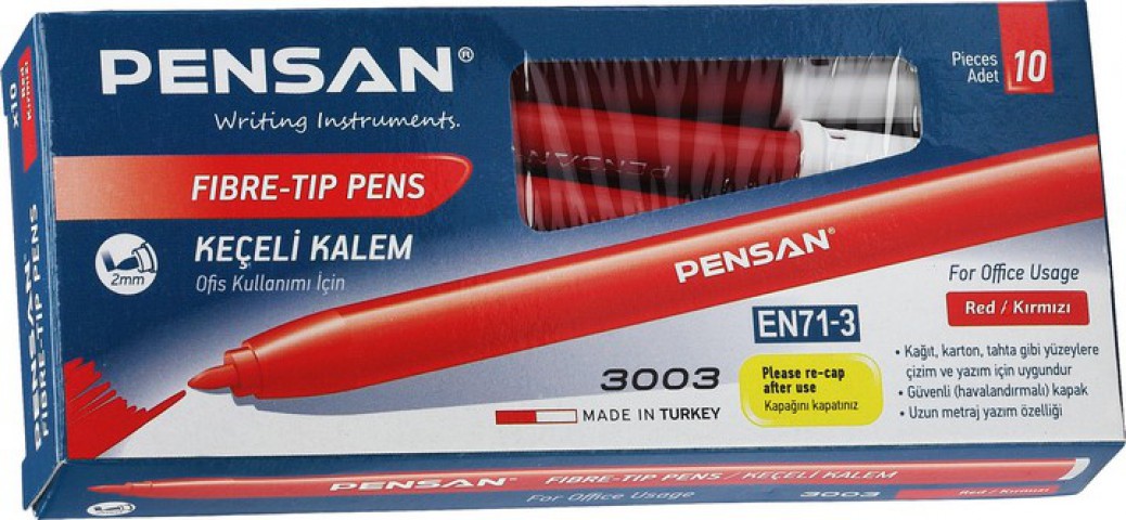 Pensan 3003 Ofis Tipi Keçeli Kalem 10'lu Kutu Kırmızı