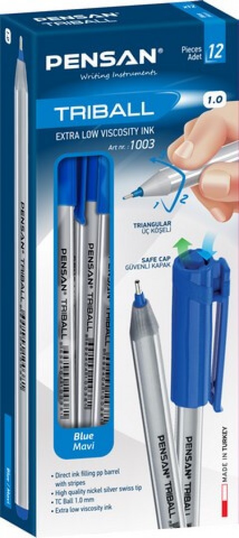 Pensan Triball 1mm Üçgen Gövdeli Tükenmez Kalem 12'li Kutu Mavi