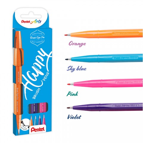 Pentel Brush Sign Pen Fırça Uçlu Kalem 4'lü Set - Happy