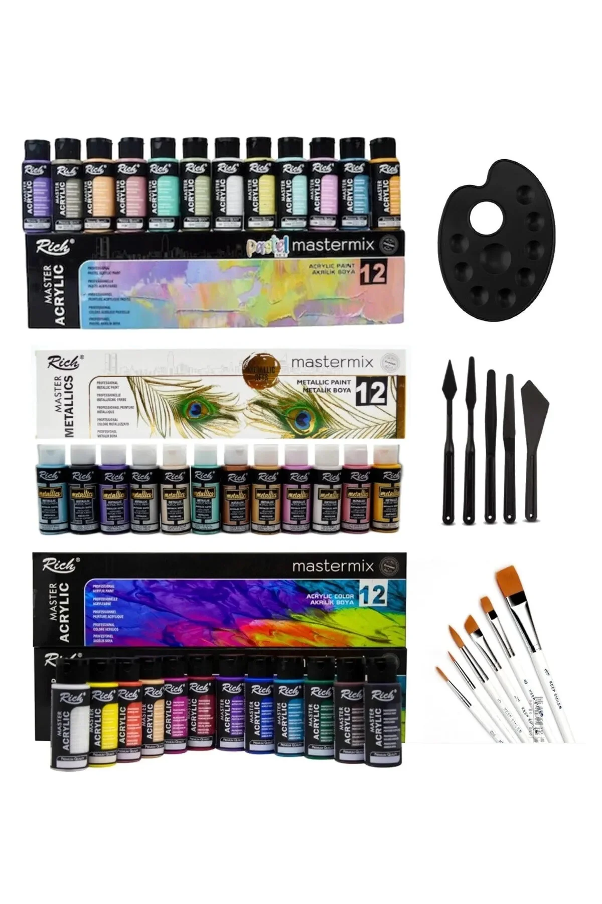 Rich Mastermix Mega Elite Akrilik Boya Seti 36 Renk / Canlı + Pastel + Metalik Renkler + Keep Smile + Palet + Plastik Spatül