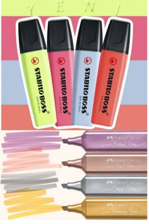 Stabilo Boss Yeni Pastel Ve Faber Castell Yeni Metalik Renkli 4+4 Fosforlu Set