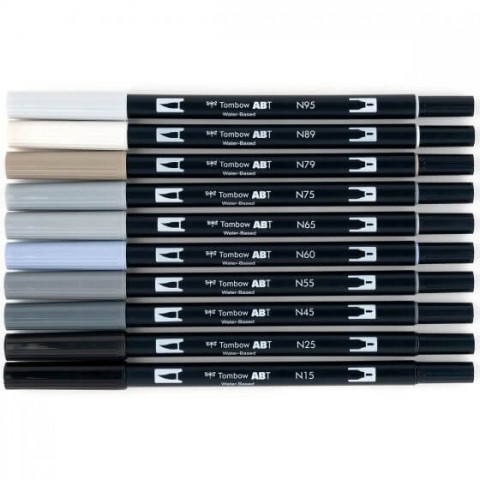 Tombow ABT Dual Brush Pen Grafik Kalemi 10'lu Set - Grayscale