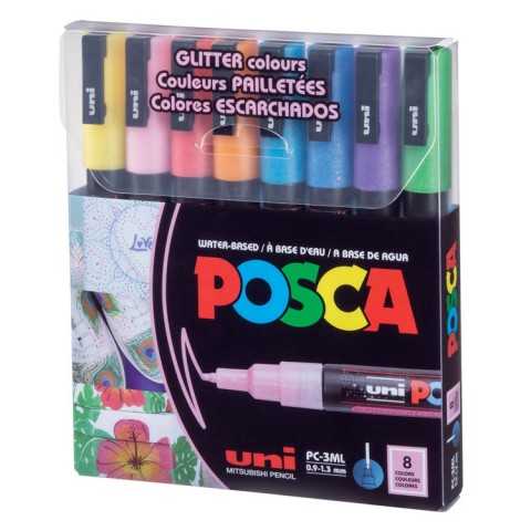 Uniball POSCA 0.9-1.3 Su Bazlı Poster Markörü Simli 8li /PC-3ML/8C GC Set